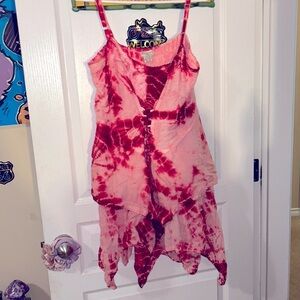 PINK & RED TIE DYE TIERED ASYMMETRICAL FAIRY LACE FAIRYCORE DRESS FREE